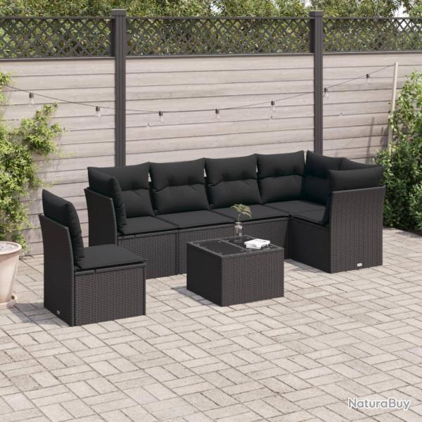 Salon de jardin 7 pcs avec coussins noir r�sine tress�e