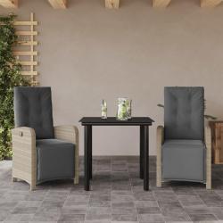 Ensemble de bistro 3 pcs et coussins gris clair r&eacute;sine tress&eacute;e