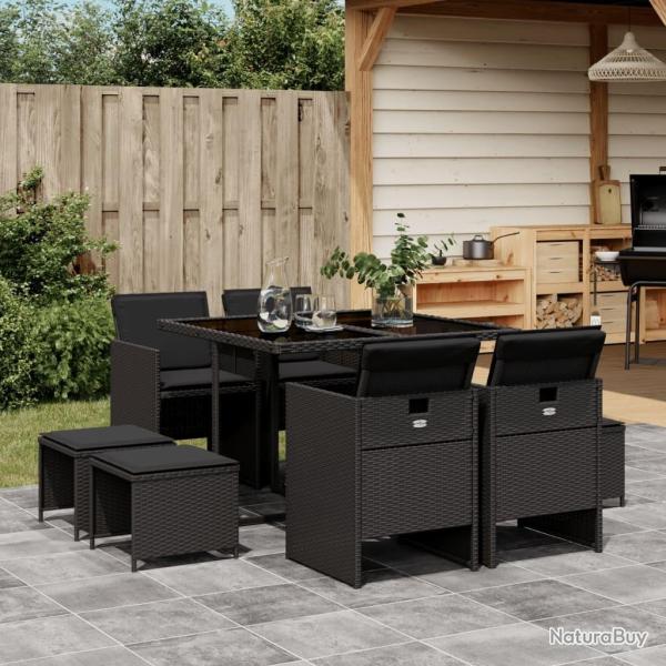 Ensemble � manger de jardin 9pcs coussins noir r�sine tress�e