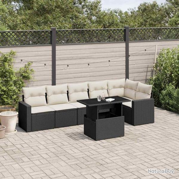 Salon de jardin 7 pcs avec coussins noir r�sine tress�e