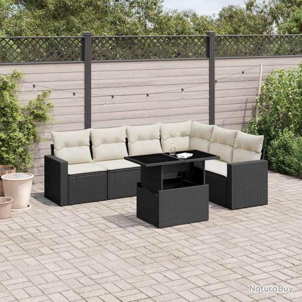 Salon de jardin 7 pcs avec coussins noir r�sine tress�e