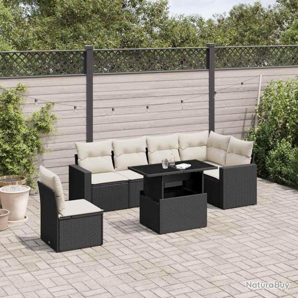 Salon de jardin 7 pcs avec coussins noir r�sine tress�e