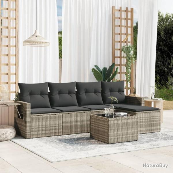 Salon de jardin 6 pcs avec coussins gris clair r�sine tress�e