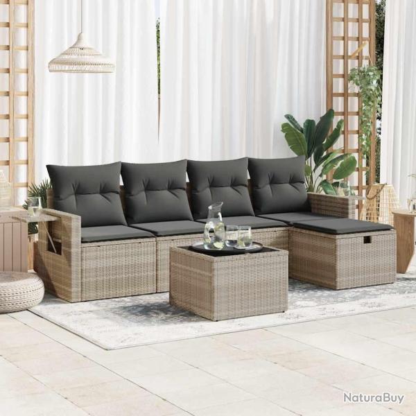Salon de jardin 6 pcs avec coussins gris clair r�sine tress�e