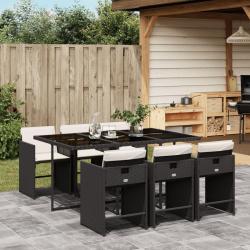 Ensemble &agrave; manger de jardin coussins 7pcs Noir R&eacute;sine tress&eacute;e