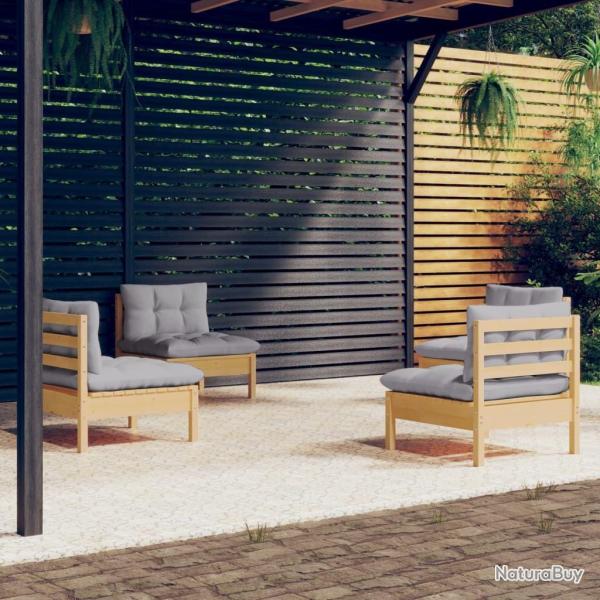 Salon de jardin 4 pcs avec coussins gris Bois de pin