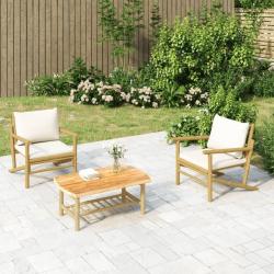 Salon de jardin 3 pcs avec coussins blanc cr&egrave;me bambou
