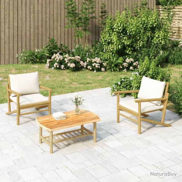 Salon de jardin 3 pcs avec coussins blanc cr�me bambou