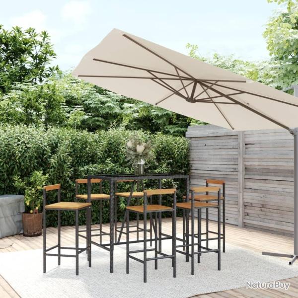 Ensemble de bar jardin 7 pcs noir poly rotin/bois massif acacia