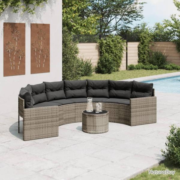 Canap� de jardin table coussins demi-rond gris r�sine tress�e