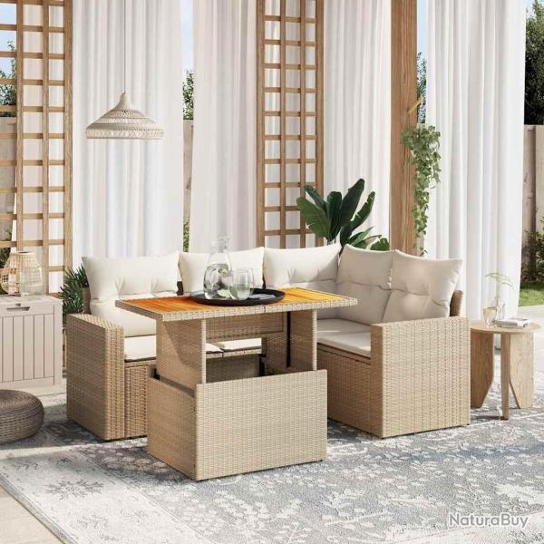 Salon de jardin avec coussins 5 pcs beige r�sine tress�e