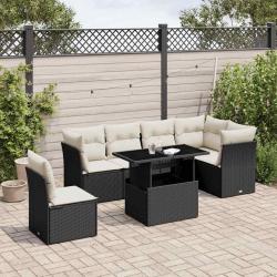 Salon de jardin 7 pcs avec coussins noir r&eacute;sine tress&eacute;e