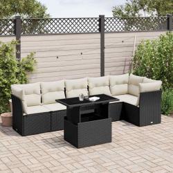 Salon de jardin 7 pcs avec coussins noir r&eacute;sine tress&eacute;e