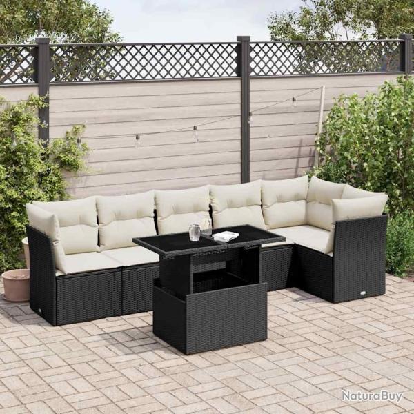 Salon de jardin 7 pcs avec coussins noir r�sine tress�e