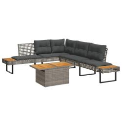 Salon de jardin avec coussins 5 pcs gris r&eacute;sine tress&eacute;e acacia
