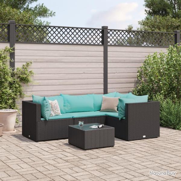 Salon de jardin 5 pcs avec coussins Noir R�sine tress�e
