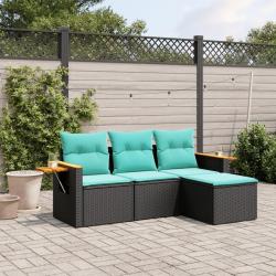 Salon de jardin 4 pcs avec coussins noir r&eacute;sine tress&eacute;e