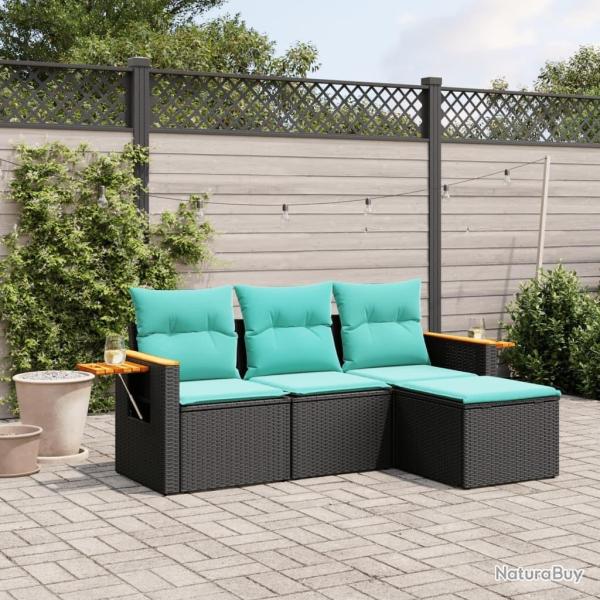 Salon de jardin 4 pcs avec coussins noir r�sine tress�e