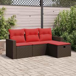 Salon de jardin 4 pcs avec coussins marron r&eacute;sine tress&eacute;e