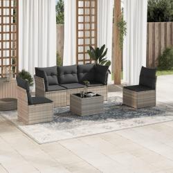 Salon de jardin 6 pcs avec coussins gris clair r&eacute;sine tress&eacute;e
