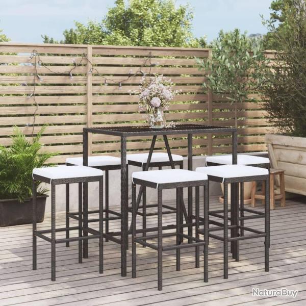 Ensemble de bar de jardin 7 pcs avec coussins noir poly rotin
