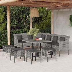 Ensemble &agrave; manger jardin 6pcs et coussins gris r&eacute;sine tress&eacute;e