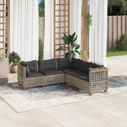 Salon de jardin 5 pcs avec coussins gris r&eacute;sine tress&eacute;e