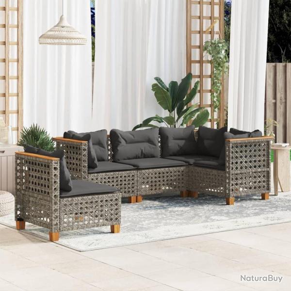 Salon de jardin 5 pcs avec coussins gris r�sine tress�e