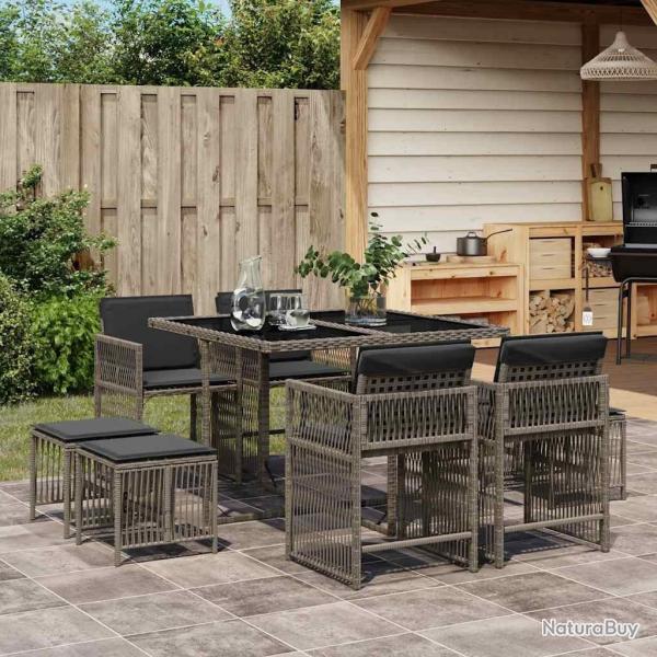 Ensemble � manger de jardin 9 pcs coussins gris r�sine tress�e