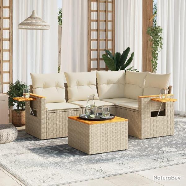 Salon de jardin avec coussins 5 pcs beige r�sine tress�e