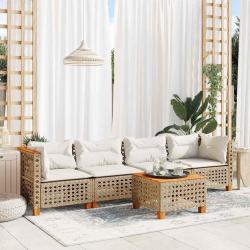 Salon de jardin avec coussins 5 pcs beige r&eacute;sine tress&eacute;e