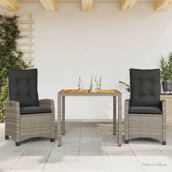 Ensemble � manger de jardin 3 pcs coussins gris r�sine tress�e