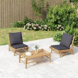 Salon de jardin 3 pcs avec coussins gris fonc&eacute; bambou