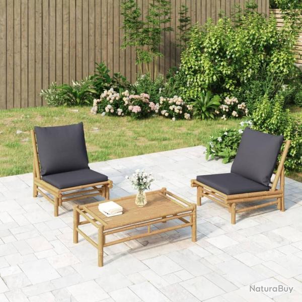 Salon de jardin 3 pcs avec coussins gris fonc� bambou