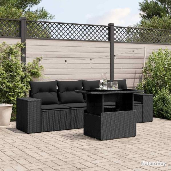 Salon de jardin 5 pcs avec coussins noir r�sine tress�e