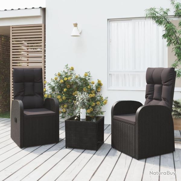 Ensemble de salon de jardin 3 pcs noir poly rotin et acier
