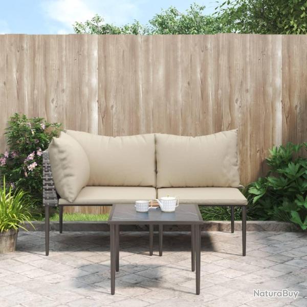 Salon de jardin 3 pcs avec coussins Gris R�sine tress�e