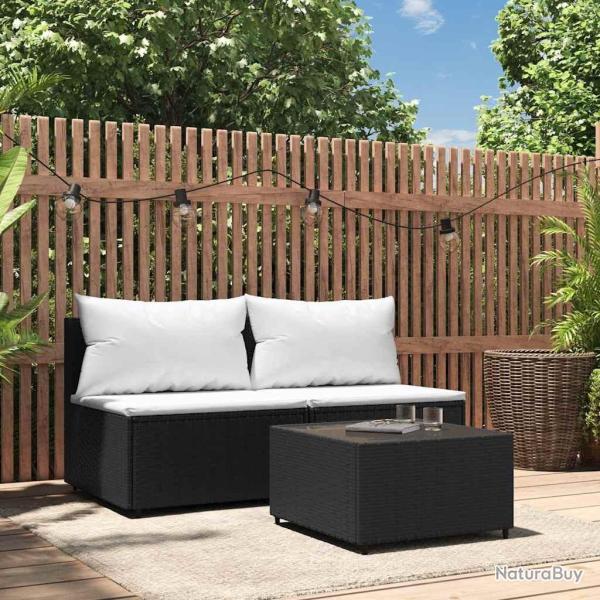 Salon de jardin 3 pcs avec coussins Noir R�sine tress�e