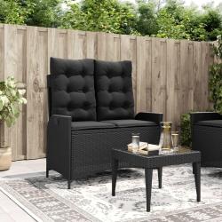 Banc inclinable de jardin avec coussins noir r&eacute;sine tress&eacute;e
