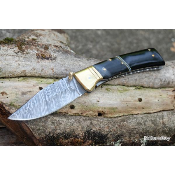 Beau Couteau Lame 128 Couches Acier Damas Manche Poisson B�lier & R�sine Fab Artisanale Linerlock