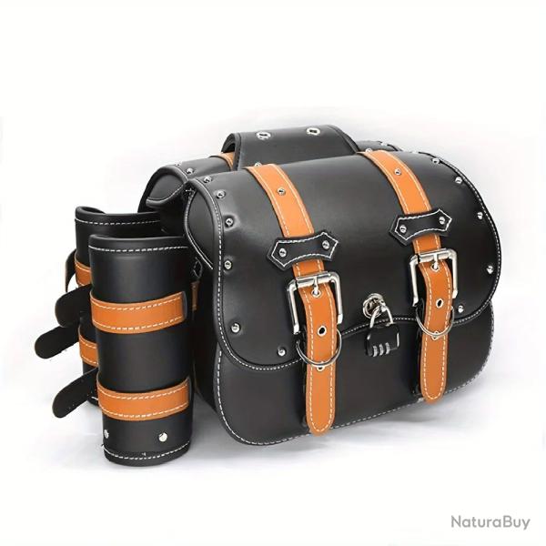 Sacoche Lat�rale Moto Universelle R�tro �tanche Porte-Gobelet  Grande Capacit� Rigide  Marron