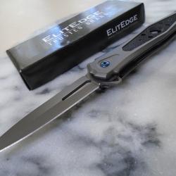Couteau ElitEdge Tactique Spear Point Lame Acier 420C Manche G10 Gris et Noir Liner Lock EE10A123G10