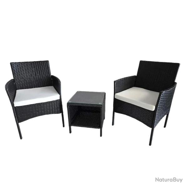 Salon de jardin 2 fauteuils et table basse tress�e noir