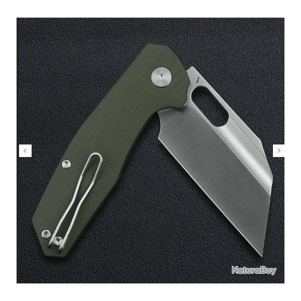 Couteau Ironfly YOLO Wharncliffe Lame Acier 14C28N Manche G10 Army Green Button Lock KIVT IFVF02GN