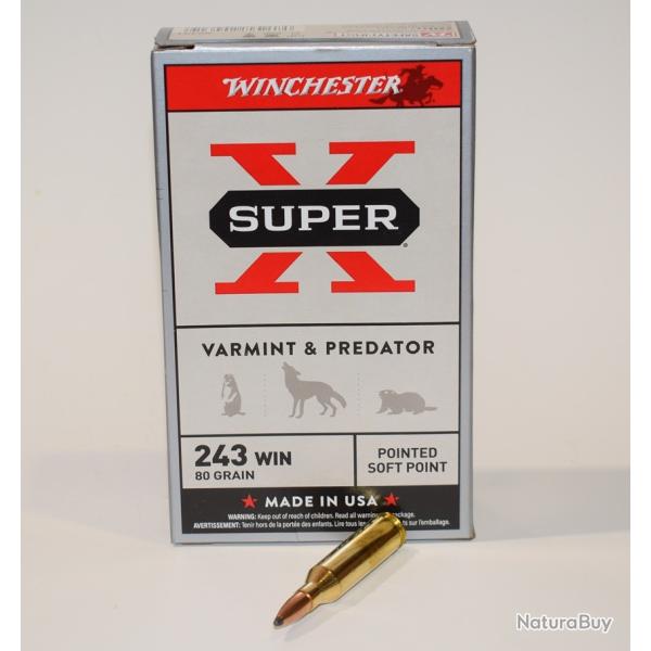 1 boite 20 cartouches  de calibre 243 winchester, Winchester power point 80 grs