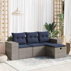 Salon de jardin 4 pcs avec coussins gris r&eacute;sine tress&eacute;e