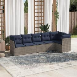 Salon de jardin 6 pcs avec coussins gris r&eacute;sine tress&eacute;e