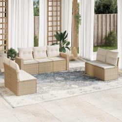 Salon de jardin avec coussins 7 pcs beige r&eacute;sine tress&eacute;e