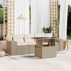 Salon de jardin avec coussins 5 pcs beige r&eacute;sine tress&eacute;e