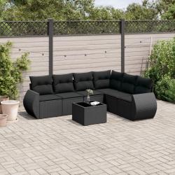 Salon de jardin 7 pcs avec coussins noir r&eacute;sine tress&eacute;e